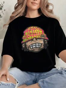 Colorful Cartoon Face With A Wide Smile And Lettering That Evokes Urban Energy And Positive Freedom; Modern Casual Women's T-Shirt For Everyday Wear, Comfortable And Expressive - Black - View 1