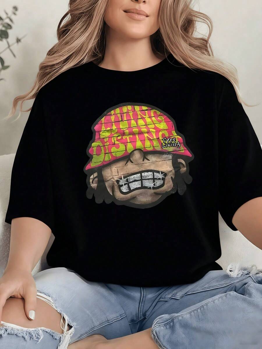 Colorful Cartoon Face With A Wide Smile And Lettering That Evokes Urban Energy And Positive Freedom; Modern Casual Women's T-Shirt For Everyday Wear, Comfortable And Expressive - Black - View 1