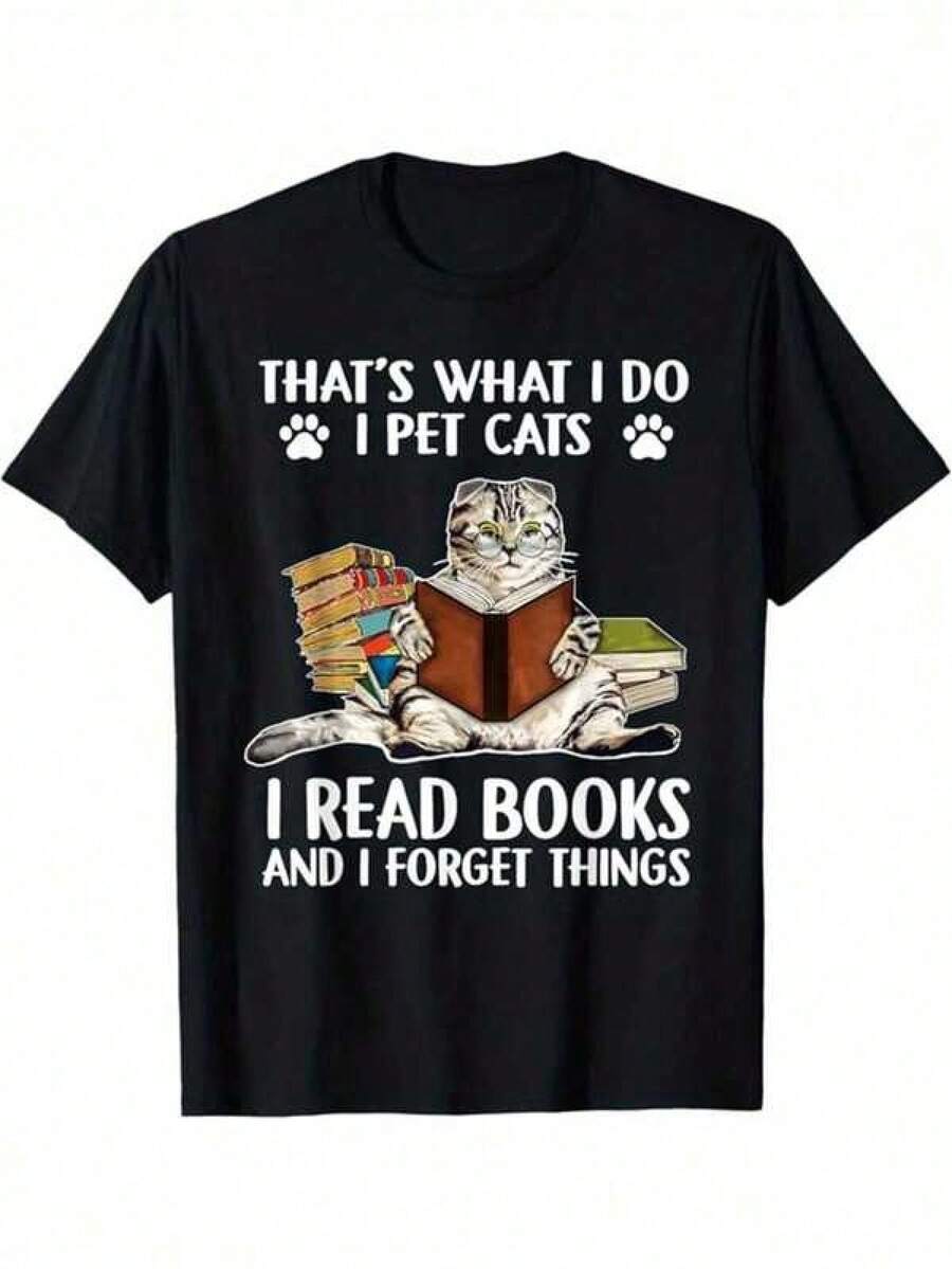 Men's Casual Cotton T-Shirt - Graphic T-Shirt "I Read Books, Forget Things And Take Care Of Cats", Short Sleeve, Summer Clothes, Black With White Cat And Book Design, 100% Cotton, Machine Washable - 黑色 - 查看 1