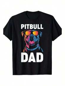 Men's Pitbull Dad Graphic Tee - 100% Cotton, Short Sleeve, Crew Neck, Casual Fit, Machine Washable, Black With Colorful Pitbull Print, Everyday Tee | Funny Graphic Tee | Machine Washable Top, Pitbull Decoration - 黑色 - 查看 1