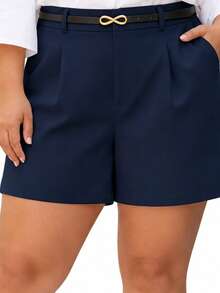 Women's Plus Size Tailored Shorts With Belt And Pockets, High Waist - Navy Blue - View 1