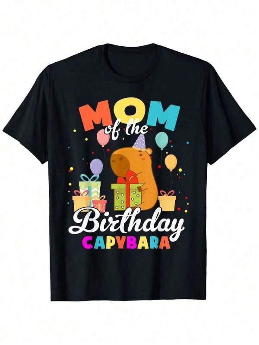 Camiseta de Fiesta Familiar de Capibara para Mamá - Unisex 100% Algodón Ajuste Relajado Camiseta Gráfica con Diseño de Globos Coloridos y Regalos para Pascua, Ramadán Kareem, Día de los Inocentes, Día de la Madre, Día del Padre, Día de San Patricio - Regalos para Padres, Amigos, Colegas, Regalos de Cumpleaños para Mamá - Negro - Ver 1