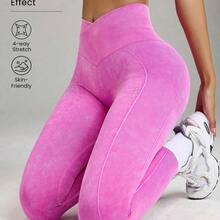 Nana's Women's Clothing Store Eassivo Eassivo Mallas deportivas de alta elasticidad sin costuras para yoga y ejercicio, con diseño de cruce en la cintura y acabado lavado a la arena - Beis - Ver 2