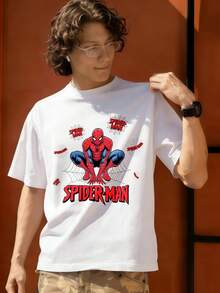 Spider Man Web Action Pose Graphic T Shirt 100 Percent Cotton Men's T Shirts MARVEL  Marvel Universe  Superhero Summer Outfits Men's Clothes Mens Tops Streetwear Mens Gift Ideas Innerwear Or Outfits,Mens Fashion - White - View 3