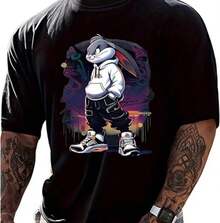 Camisetas de manga corta con cuello redondo y estampado de oso de dibujos animados para hombre. Camisetas modernas. - Negro - Ver 1