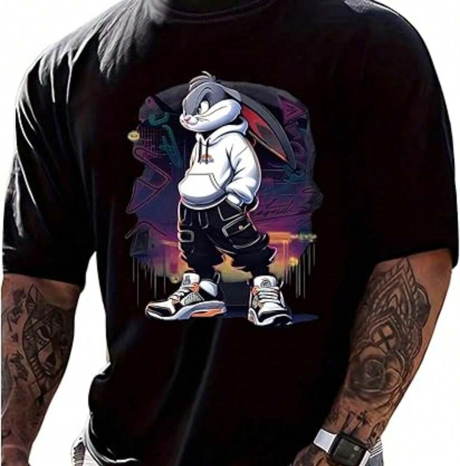 Camisetas de manga corta con cuello redondo y estampado de oso de dibujos animados para hombre. Camisetas modernas. - Negro - Ver 1