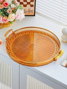 1 Stück elegantes rundes Kunststofftablett mit Goldrand, dekorativem Blumen-Griff, Schminktisch-Aufbewahrungstablett, Dessert-Tee-Obstteller, Heimdekoration - Verschiedenfarbig - Übersicht 16