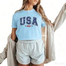 1pc Women's USA 1776 Graphic Crop Top Crew Neck Drop Shoulder Loose Fit Short Sleeve Breathable Summer Casual Tee Daily Outfit - 淺藍色 - 查看 1