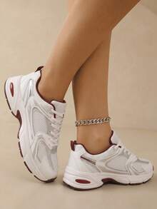 American Retro Contrast Color Running Shoes, Mesh Breathable, Thick Bottom Cushioning, Campus, Street, Daily Wear Template, Running Shoes To Grasp The Relaxation Feeling, 5cm High Casual Shoes - 紅色 - 查看 3
