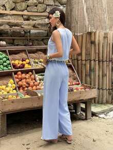 Lucivie Conjunto de dos piezas elegante y casual de rayas azules sin mangas para mujer - Blusa de encaje con flecos y pantalones de pierna ancha, conjunto de verano elegante, perfecto para vacaciones en la playa, fiestas, vacaciones y uso casual diario - Azul - Ver 2