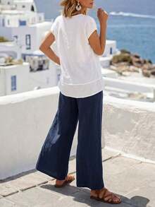 Conjunto de 2 piezas de top y pantalones de unicolor casual de vacaciones para mujer - Multicolor 3 - Ver 7