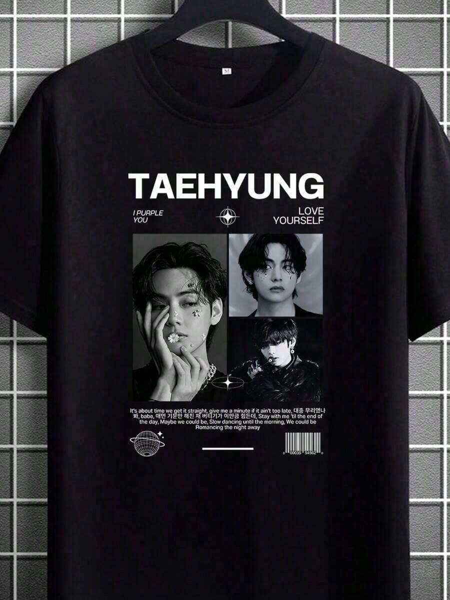 ofertas y liquidacionesPlayera Camisa Taehyung Negra Aesthetic Moda Coreana Oversize Casual Algodónplayera de hombretops QUVX - Negro - Ver 1