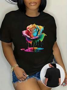 Women's Printed T-Shirt - Casual Short Sleeve Crew Neck T-Shirt In Black With Colorful Dripping Rose Graphic. With A Relaxed Fit For All Seasons, The Perfect Choice For Everyday Wear Or Your Holiday Outfits (Machine Washable). - 黑色 - 查看 6