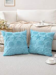 1PC Shell Starfish Throw Pillow Cover, Beach Seaside Cushion Covers For Sofa Square Spring Summer Soft Plush Short Wool Velvet Pillowcase Holiday Decor - Blue - View 7