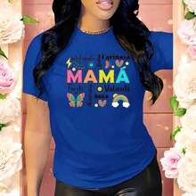 Women's T-Shirt Blouse With Loving Phrases, Casual And Emotional Clothing For Mother's Day Gift, Pure-Cotton - 藍色 - 查看 1