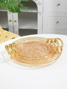 Tea Cup Coffee Cup Water Cup Serving Tray, Thickened PET Round Transparent Glacier Pattern Tray With Handles, Durable - Perfect For Home Living Room Decor, Weddings And Parties - Amber With Gold Trim - View 14