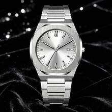 PINTIME 1PC Men's Silver Minimalist Octagonal Watch, Sunburst Dial With Date Function Stainless Steel Strap Business-Casual Style Water-Resistant Quartz Watch - Silver - View 1