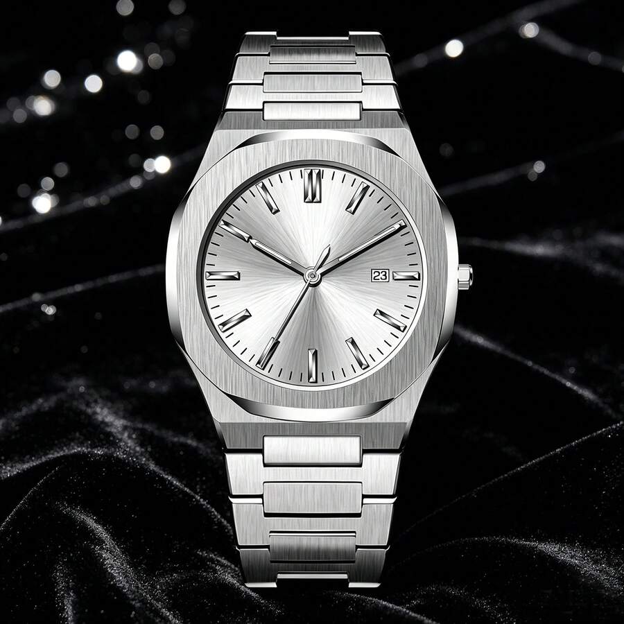 PINTIME 1PC Men's Silver Minimalist Octagonal Watch, Sunburst Dial With Date Function Stainless Steel Strap Business-Casual Style Water-Resistant Quartz Watch - Silver - View 1