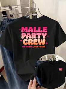 Women's Short-Sleeved T-Shirt With A Crew Neck And MALLE PARTY CREW Letter Print, Made Of 100% Cotton, With A Double Print On The Chest And Back. Casual And Comfortable Fabric, Suitable For All Seasons; Can Be Worn As A Base Layer In Spring And Autumn Or On Its Own In Summer. Neutral Style,  Heavyweight Cotton City Boy Style T-Shirt. - 黑色 - 查看 11