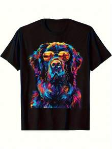 Pop Art T-Shirt With Newfoundland Dog Design - 100% Cotton, Crew Neck, Short Sleeve, With A Design For Newfoundland Dog Lovers, A Casual Gift For Newfoundland Dog Owners (Christmas, Easter, Birthday). - 黑色 - 查看 6