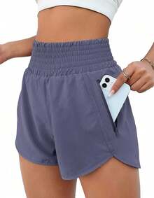 Women's High-Rise Workout Shorts - Lightweight Quick-Dry Athletic Shorts With Zip Pocket, Built-In Liner For Running, Yoga, Gym - Purple Blue - View 2