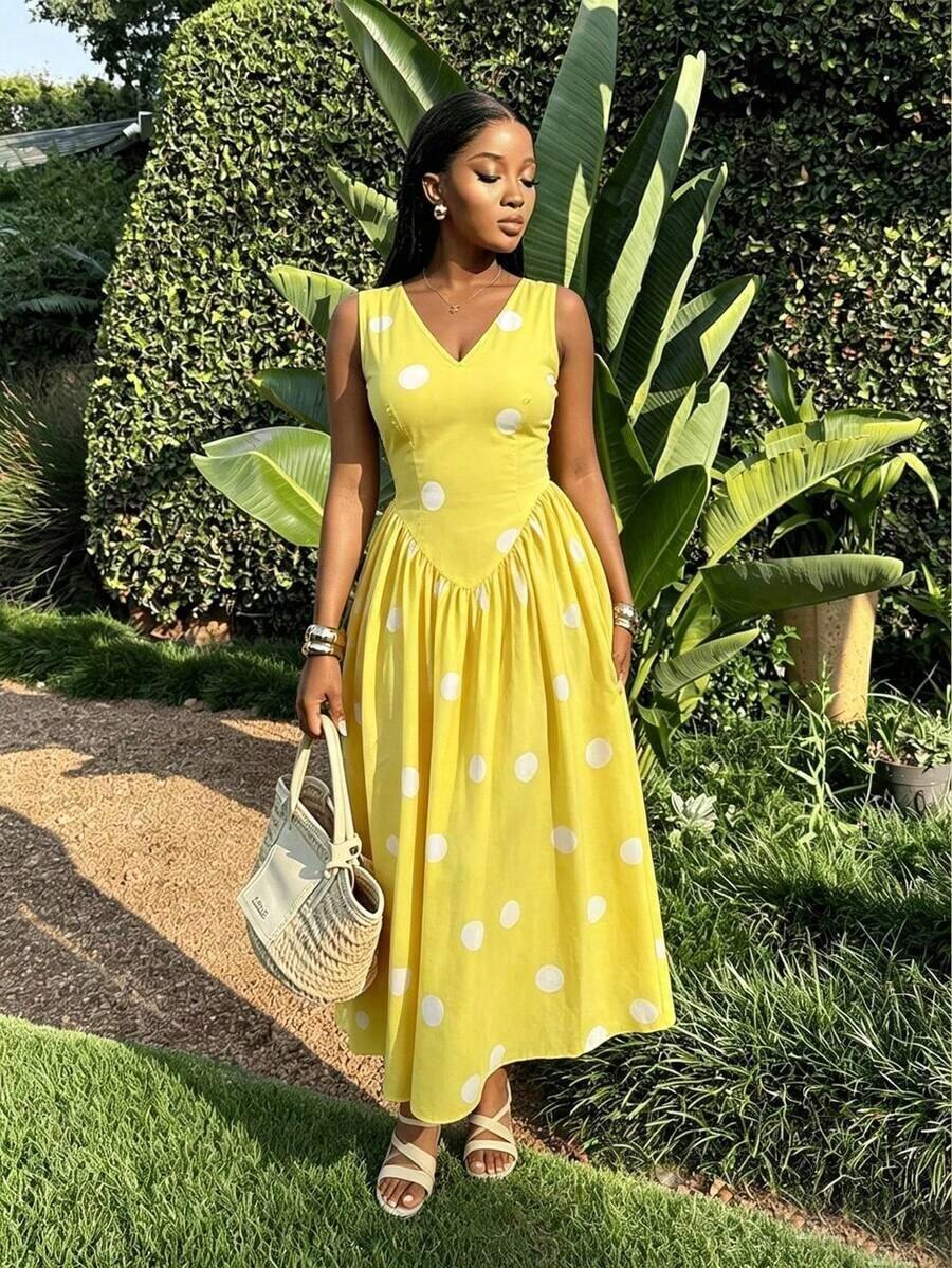 VaVaLuxe Vestido de verano 2026 de estilo retro francés elegante con lunares amarillos y blancos, cuello en V, sin mangas, cintura alta, plisado, para playa, té de la tarde, cita casual - Amarillo - Ver 1