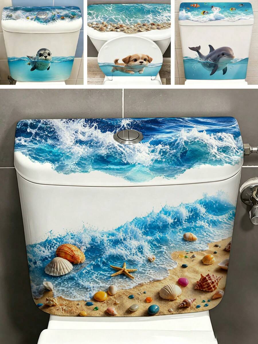 1张2D海洋波浪马桶水箱贴纸,逼真海滩乙烯基贴花,蓝色海洋和贝壳浴室墙贴,家居装饰或夏季度假创意家居卫生间改造 - 多色 - 查看 1