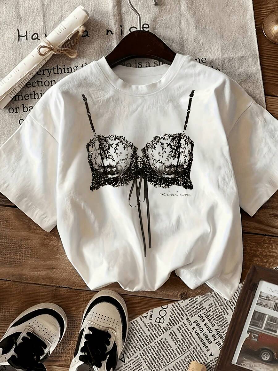 Vintage White Women's Short-Sleeved T-Shirt With Black And White Lingerie Print - Machine Washable, Stylish Top For Spring And Summer, With Decorative Bow Design And Patterned Summer Tops - White - View 1