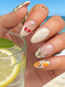 Express Your Love With 24pcs Almond Shape Press On Nails Fresh Green Plaid White Plaid Elegant White Bow Light Pink Artificial Nails Refined Green And White Plaid French Romantic Red Cherries Green Leaves Khaki French Cute Orange Khaki Artificial Nails Full Coverage Fake Nail Kit For Women And Girls Includes 1 Sheet Adhesive Tabs & 1 Pc Mini File Strip Jelly Gel Random Shipment - Multicolor - View 1