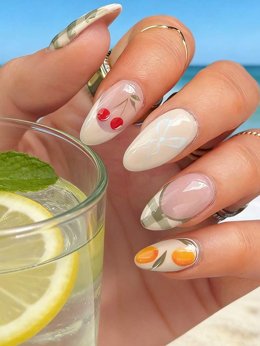 Express Your Love With 24pcs Almond Shape Press On Nails Fresh Green Plaid White Plaid Elegant White Bow Light Pink Artificial Nails Refined Green And White Plaid French Romantic Red Cherries Green Leaves Khaki French Cute Orange Khaki Artificial Nails Full Coverage Fake Nail Kit For Women And Girls Includes 1 Sheet Adhesive Tabs & 1 Pc Mini File Strip Jelly Gel Random Shipment - Multicolor - View 1