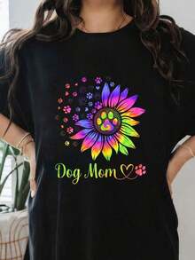 Women's Blouses Sunflower Print T-Shirt For Dog-Loving Mom, Tie Dye, For Mother's Day, Grandma, Short Sleeve Crew Neck T-Shirt, Casual Top For Summer And Spring, Women's Clothing By - 黑色 - 查看 7