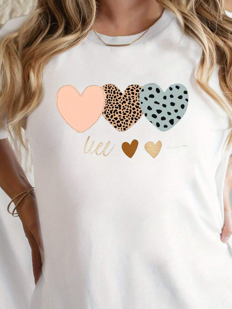1 Piece Women's T-Shirt, Soft And Comfortable, With Leopard, Heart, And Polka Dot Print - Casual Crew Neck, Short Sleeves, Lightweight And Breathable, Suitable For Casual Wear. | Fashionable Casual Top | Breathable 180g 100% Cotton - 白色 - 查看 1