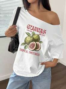 GiftFlirla Women's Loose Fit T-Shirt, White Pomegranate, Asymmetric Neck, Plus Size, Soft - 白色 - 查看 5