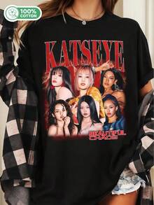 KATSEYES Beautiful Chaos Red Glow Retro Cotton T-Shirt Global Girl Group Fan Tee - Black - View 1