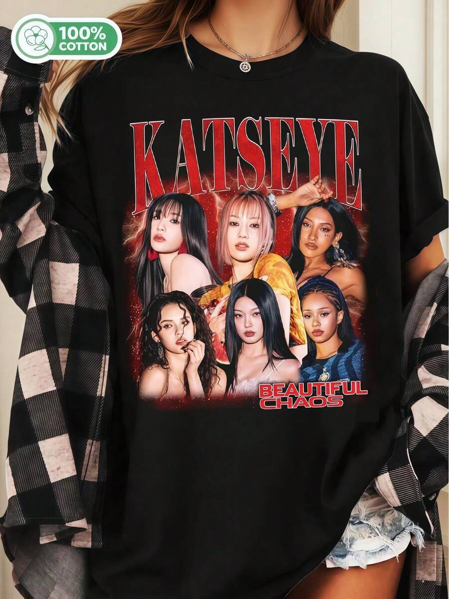 KATSEYES Beautiful Chaos Red Glow Retro Cotton T-Shirt Global Girl Group Fan Tee - Black - View 1