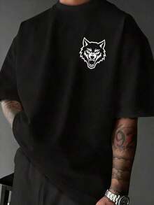 1 Pieza Playera Para Hombre De Manga Corta Y Cuello Redondo Estilo Deportivo Racing Motociclista Urbano Negro Con Estampado De Cabeza De Lobo Y Letras "CUSTOM GARAGE" Gráfico De Marcas De Garras Azules Estrella Fugaz Y Engranajes Impresión Doble En Ambos Lados Moda Callejera - Negro - Ver 3