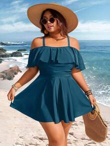 Swim Lushoire Parte superior de tankini de vacaciones con volantes en los hombros para mujer de talla grande, de unicolor - Agua verde azul - Ver 1
