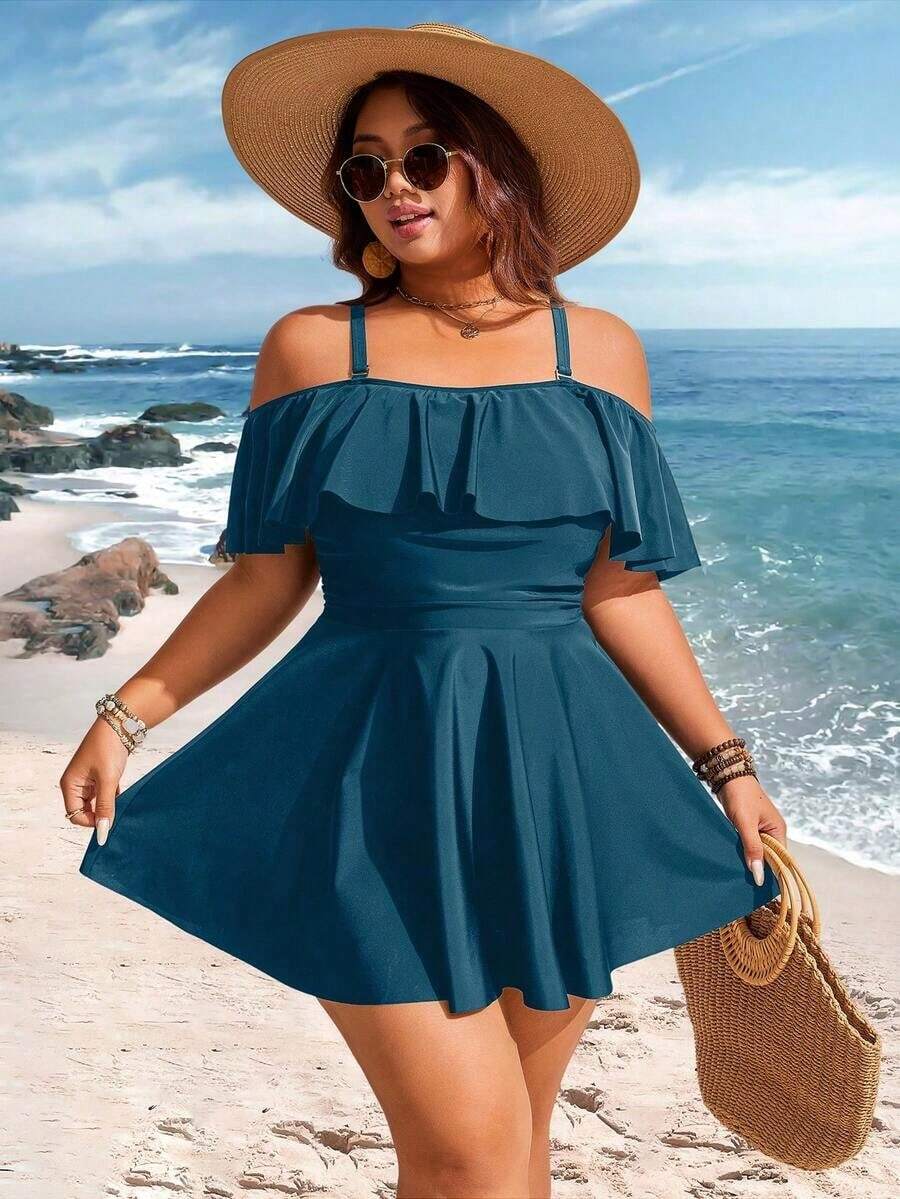 Swim Lushoire Parte superior de tankini de vacaciones con volantes en los hombros para mujer de talla grande, de unicolor - Agua verde azul - Ver 1
