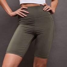 guang zhou mi qian shang mao Menodora  Sport Shorts biker de cintura ancha con bolsillo de móvil lateral - verde militar - Ver 6