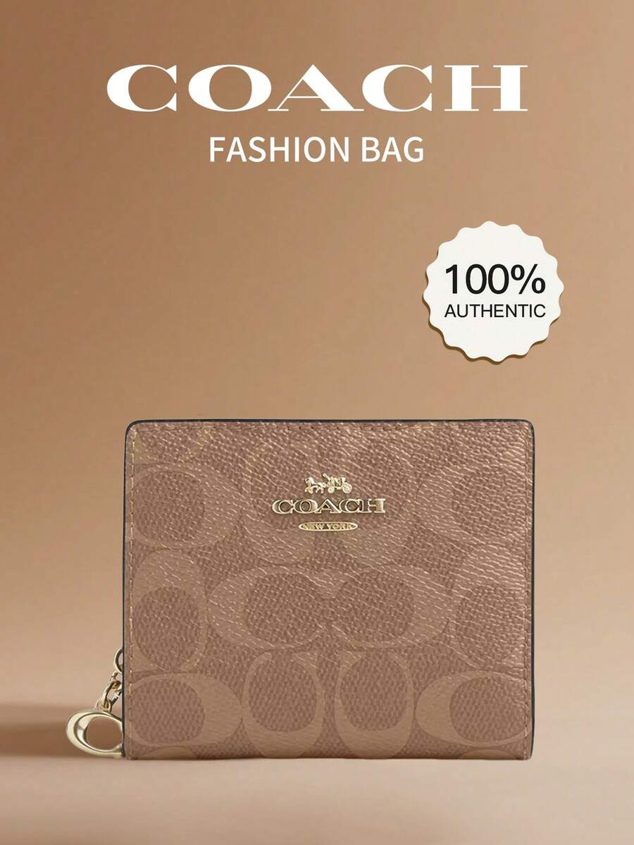 Coach SNAP 11 女士小型 RFID 防盗刷对折钱包，可爱信用卡夹带拉链零钱包 - 棕褐色 - 查看 1