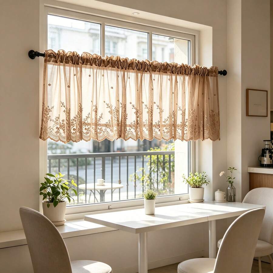 1件新款輕量蕾絲刺繡花卉透視窗簾,適用於廚房、咖啡館及其他空間,透明窗簾附吊桿口袋設計,清新完工窗簾,咖啡色蕾絲短窗簾 - 卡其色 - 查看 1