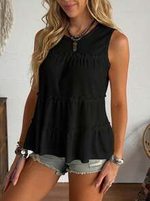 Chaleco holgado de mujer con cuello redondo y ribete de volantes en unicolor, adecuado para vacaciones, oficina, uso diario, estilo occidental, estilo bohemio, babydoll - Negro - Ver 5