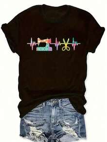 Women's Casual T-Shirt - Applique T-Shirt For Sewing And Crafts - Short Sleeve, Round Neck, Stretch Blouse - Machine Washable - Summer Casual Top For Sewing And Craft Enthusiasts (Ideal For Quilting, Dressmaking) 100% Cotton, Durable - 黑色 - 查看 1