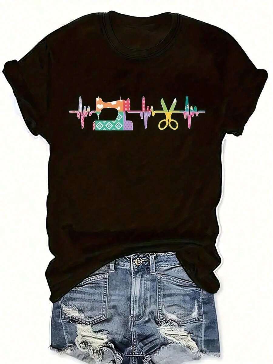 Women's Casual T-Shirt - Applique T-Shirt For Sewing And Crafts - Short Sleeve, Round Neck, Stretch Blouse - Machine Washable - Summer Casual Top For Sewing And Craft Enthusiasts (Ideal For Quilting, Dressmaking) 100% Cotton, Durable - 黑色 - 查看 1