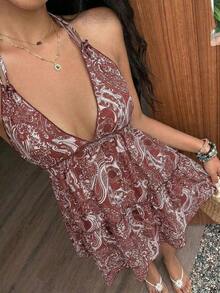 Vestido bohemio con estampado, sin espalda, con tirantes de lazo y moño, para uso casual, vacaciones y uso diario, primavera/verano para mujer - Rojo violeta - Ver 3