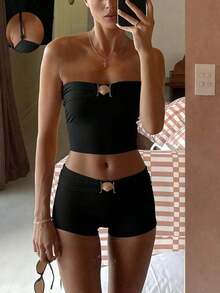 Conjunto de bikini bandeau elegante negro para mujer de Bonvoyette con tirantes desmontables, traje de baño de dos piezas con cintura alta estilizadora 2026 con adorno de concha, top bandeau y shorts tipo boy, ropa de playa minimalista y elegante para vacaciones de verano, resort y fiestas en la piscina - Negro - Ver 5