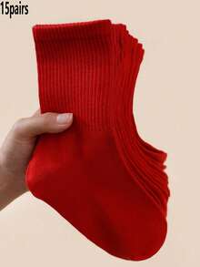 1/3/5/10/15/20 Pairs Women's Solid Red Minimalist Style Comfortable Breathable Mid-Calf Socks - Red - View 10