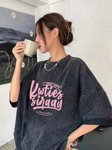 Women's Y2K Style T-Shirts - Thick Fabric T-Shirt With A Vintage Washed And Distressed Cartoon Print, Loose Fit, Long Crew Neck, Suitable For Casual Wear In Spring, Summer, And Fall. Soft Texture, Urban Style, Breathable Fabric. Unisex - Shirts Summer Outings Casual Blouses For Women - 黑色 - 查看 2