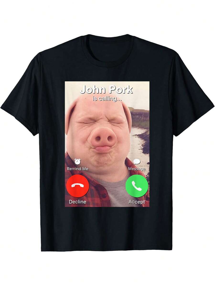 100% Cotton John Pork Is Calling T-Shirt - 黑色B - 查看 1