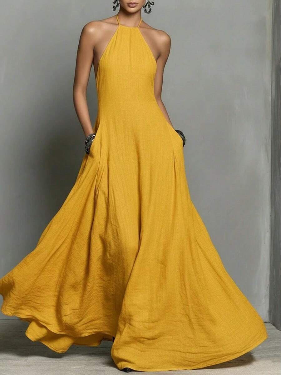 Women's Summer Dress 2026, Sexy, Minimalist, Halter Neck, Backless, Fitted, For Beach Vacation - 黃色 - 查看 1